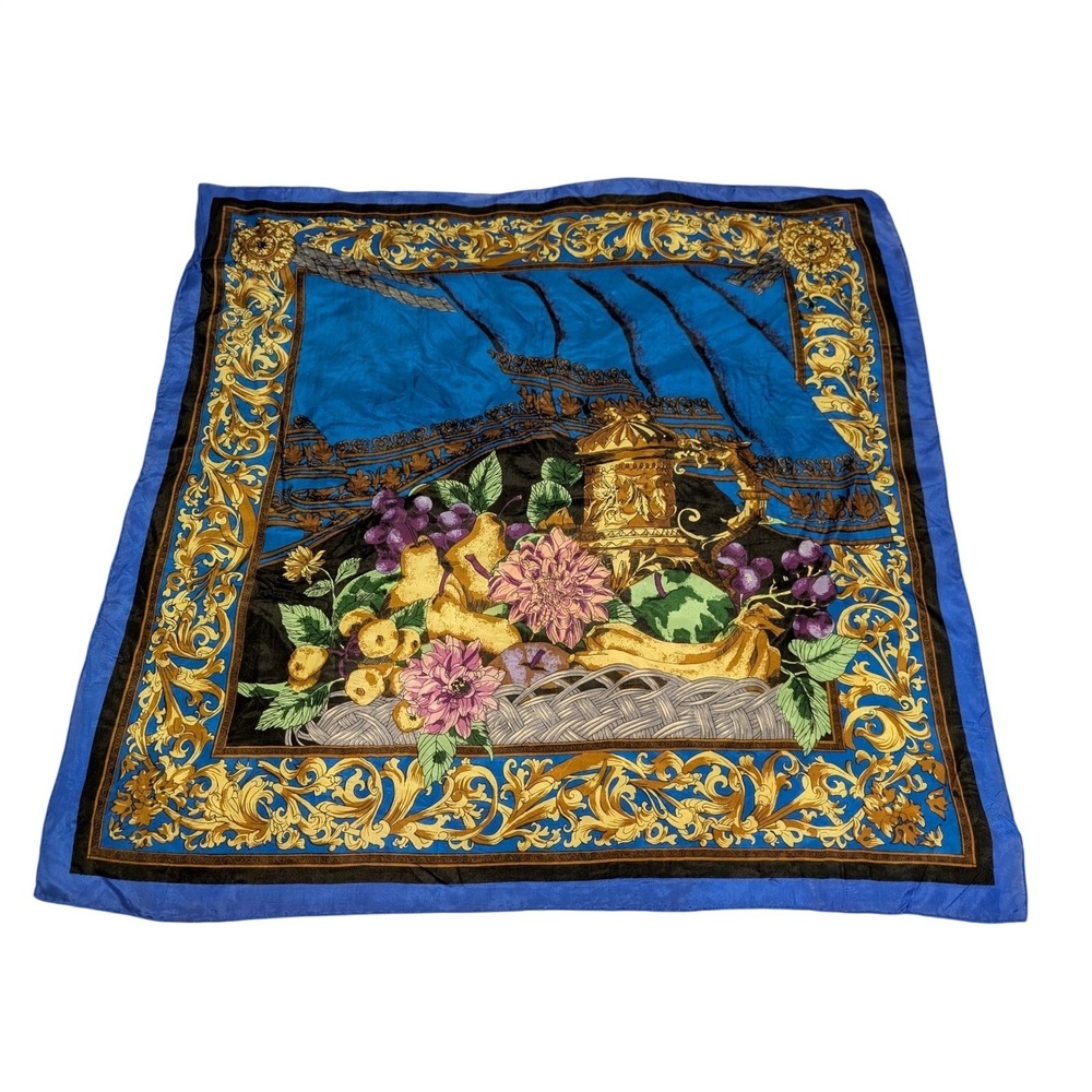 Designer Silk Scarf‎ Blue Gold Floral Print Luxurious Accessory Women